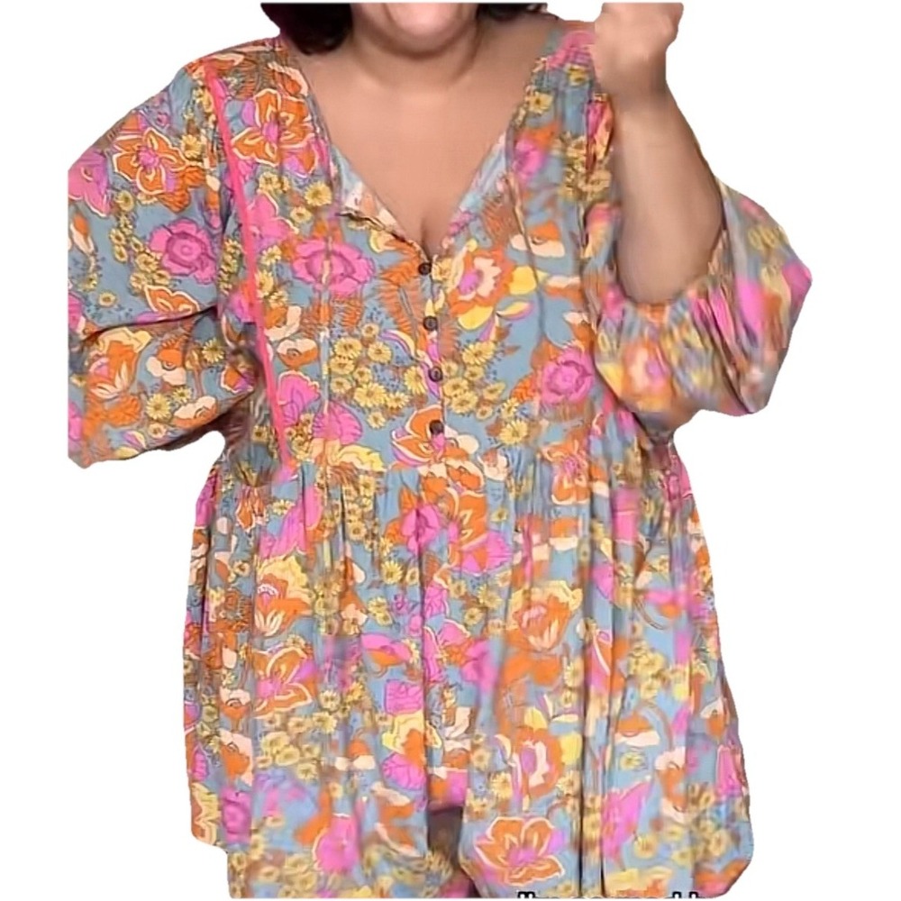 Rusttydustty Modern Bohemia Crush Floral Romper Long Sleeve Viscose 3XL NWOT